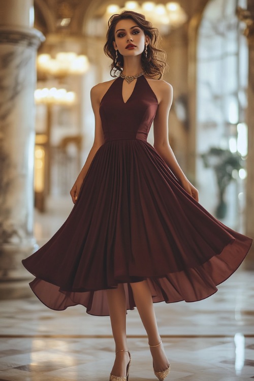 A confident woman in a tea-length deep burgundy cocktail dress with a high neckline and an empire waist