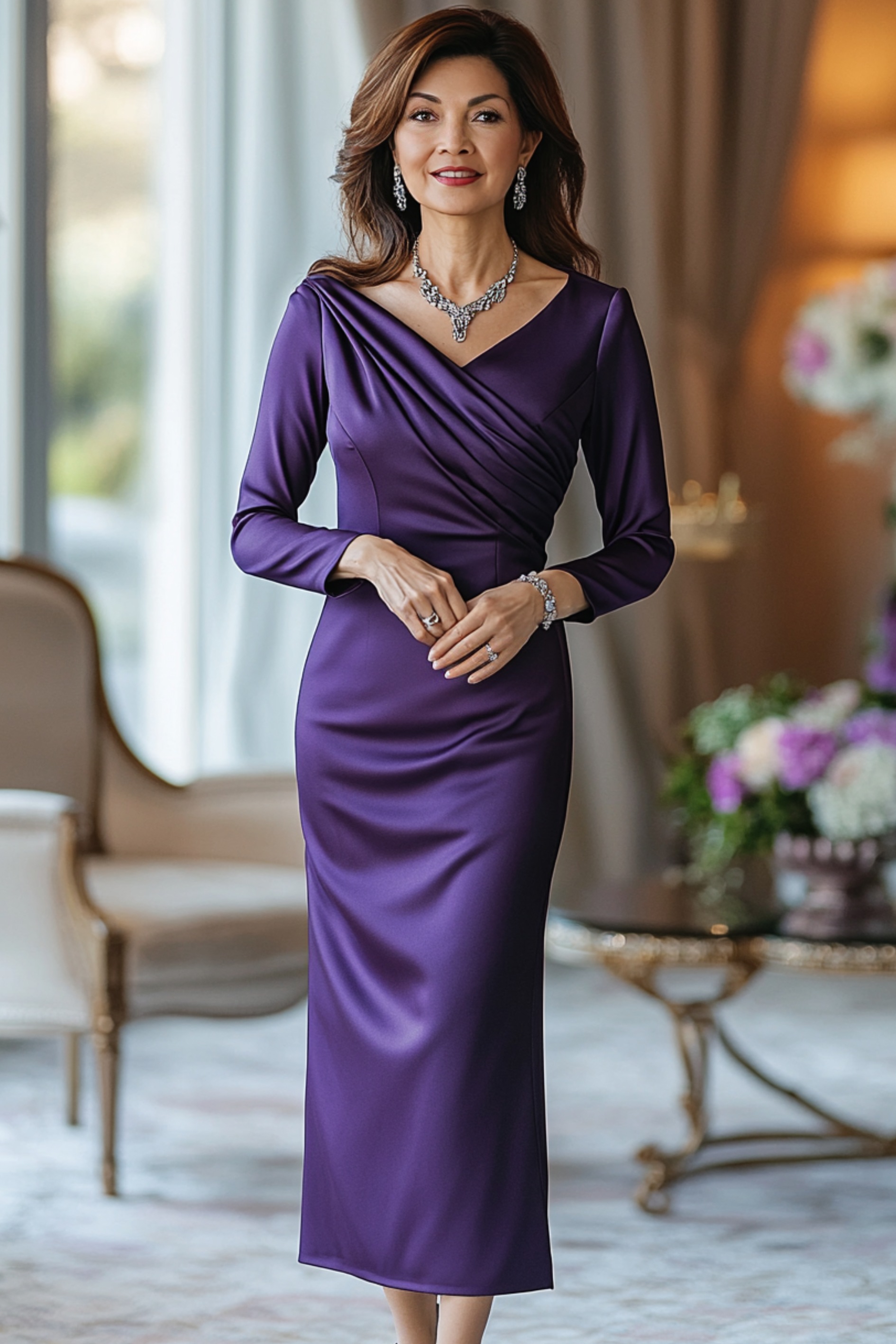 A confident woman over 40 in a deep purple long-sleeve midi dress with a subtle shimmer and an elegant draped neckline