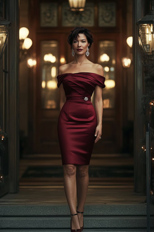 A confident woman over 40 in a fitted knee-length burgundy cocktail dress with an off-the-shoulder neckline and ruched waist