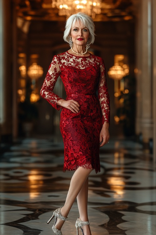 A confident woman over 40 in a fitted knee-length dark ruby red cocktail dress with sheer lace sleeves and intricate embroidery