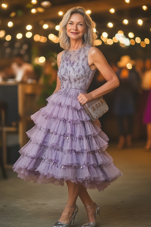 A confident woman over 40 in a lavender midi dress with a tiered skirt and delicate floral embroidery, accessorized with silver heels and a matching clutch