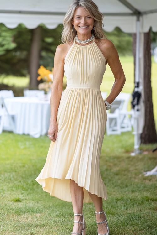 A confident woman over 40 in a soft pastel yellow tea-length dress with a high-low hem and pleated details, accessorized with a pearl choker and silver heels