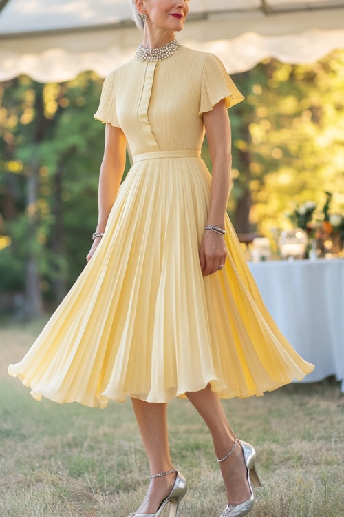 A confident woman over 40 in a soft pastel yellow tea-length dress with a high-low hem and pleated details, accessorized with a pearl choker and silver heels