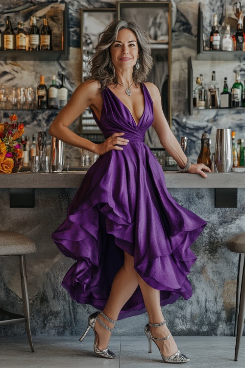 A confident woman over 40 in a tea-length deep purple cocktail dress with an asymmetrical hem and cinched waist