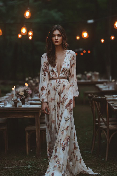 A fashionable woman in a long floral maxi dress with flowing sleeves and a defined waist, standing near a simple wedding reception setup with rustic wooden tables and candles 