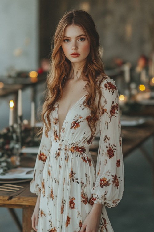 A fashionable woman in a long floral maxi dress with flowing sleeves and a defined waist, standing near a simple wedding reception setup with rustic wooden tables and candles