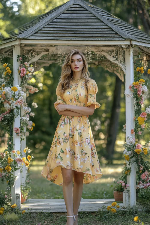 A fashionable woman over 40 in a yellow floral-print tea-length dress with puff sleeves and a cinched waist, accessorized with delicate gold jewelry