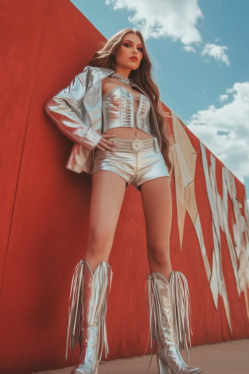 A festival-inspired look featuring a leather corset top with high-waisted shorts, paired with silver cowboy boots and a silver fringe jacket