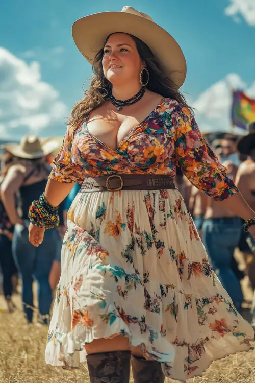 A festival-ready plus-size woman in a floral-print wrap top with a tiered maxi skirt, accessorized with cowboy boots and a wide-brim hat