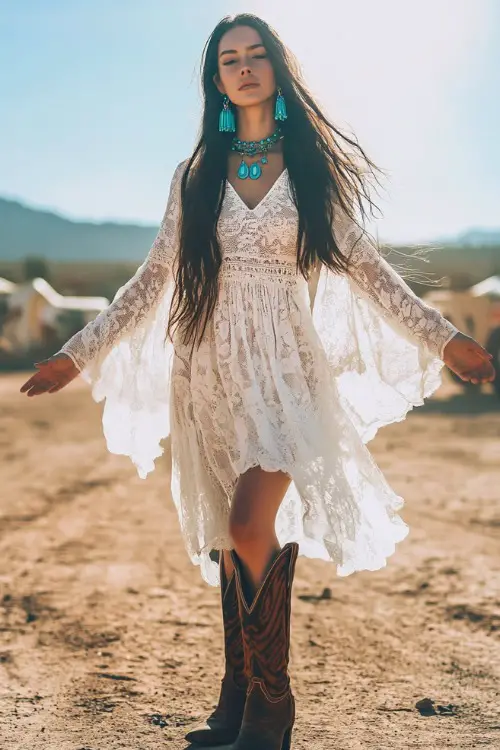 A free-spirited woman in a white lace maxi dress with sheer bell sleeves, paired with brown cowboy boots and layered turquoise jewelry