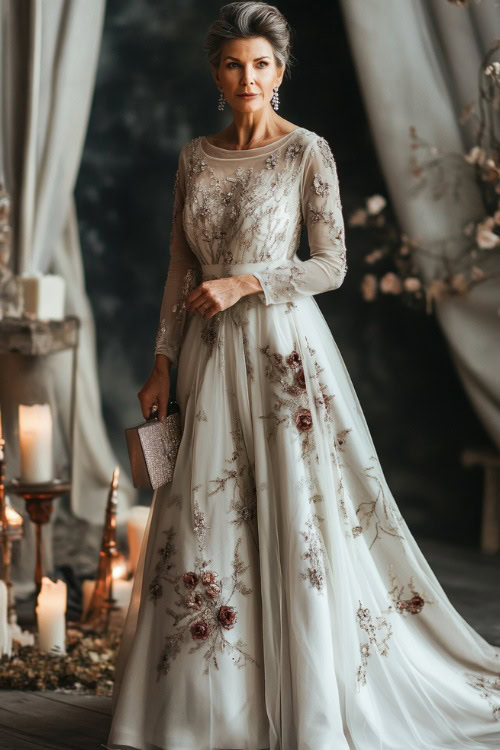 A graceful woman over 40 in an A-line tea-length dress with intricate embroidery and sheer long sleeves, accessorized with a chic clutch and heels