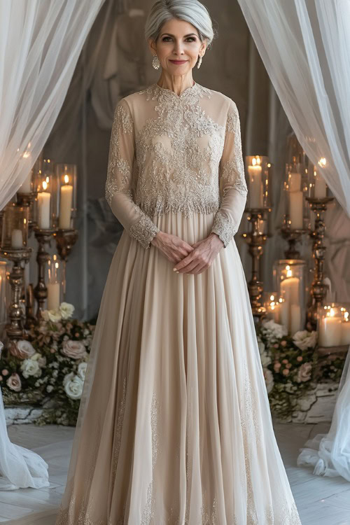 A graceful woman over 40 in an A-line tea-length dress with intricate embroidery and sheer long sleeves, accessorized with a chic clutch and heels