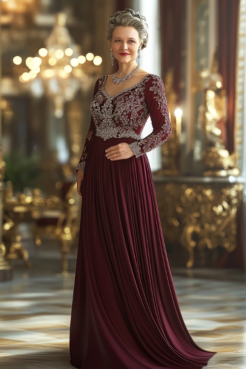 A mature woman in a burgundy floor-length evening dress with a fitted bodice, long sleeves, and a subtle shimmer, wearing elegant stiletto heels and diamond jewelry