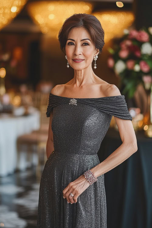 A mature woman in a charcoal gray floor-length evening gown with a modest boat neckline and subtle sequin details