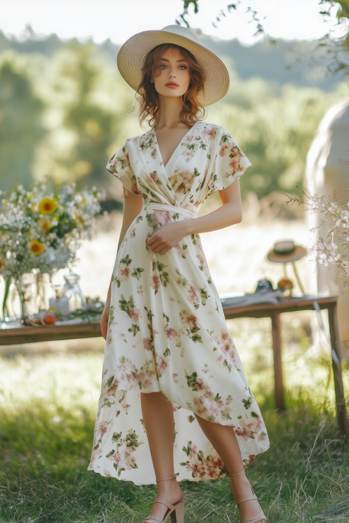 A mature woman in a chic tea-length wrap dress with a floral print, accessorized with a wide-brim hat and wedge sandals (2)