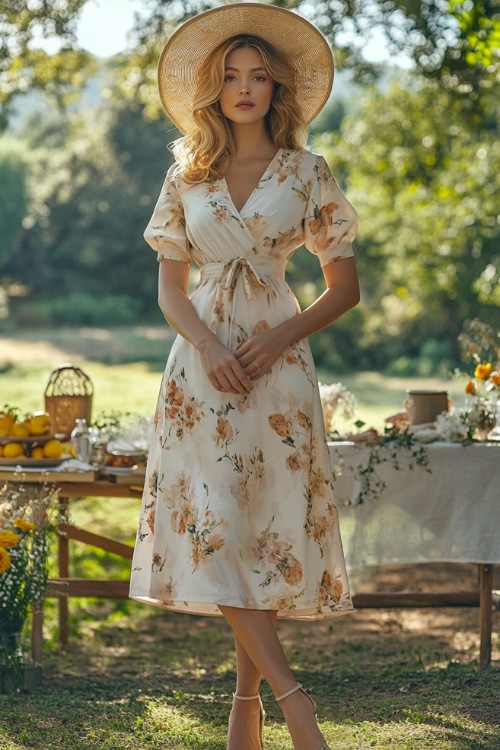 A mature woman in a chic tea-length wrap dress with a floral print, accessorized with a wide-brim hat and wedge sandals