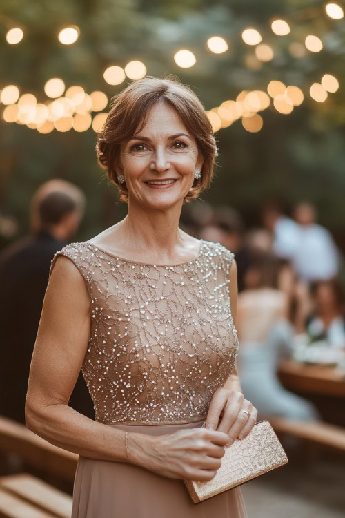 A mature woman in a classy A-line dress with intricate beading details and a modest neckline, holding a delicate clutch and smiling at an outdoor wedding