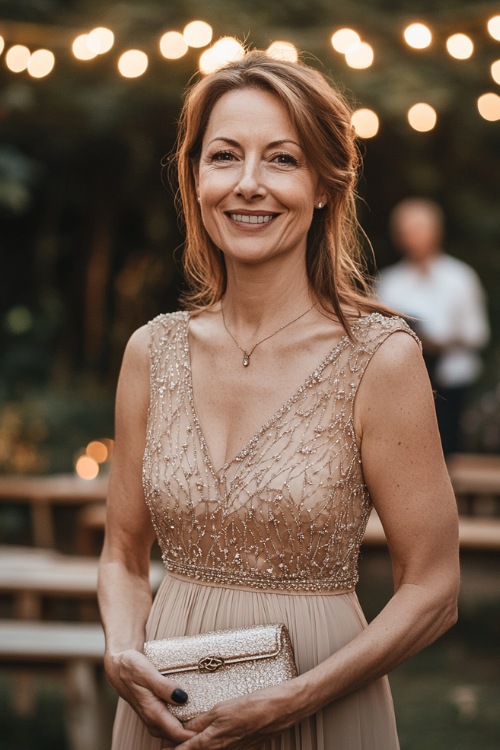 A mature woman in a classy A-line dress with intricate beading details and a modest neckline, holding a delicate clutch and smiling at an outdoor wedding