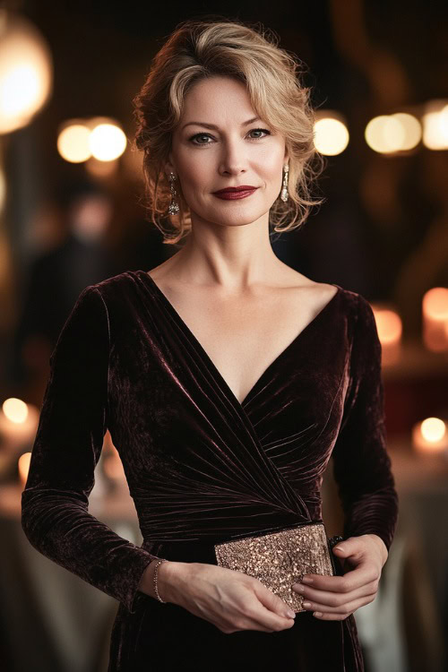 A mature woman in a classy long-sleeve velvet dress with a wrap waist, styled with a chic clutch and soft curls, attending an evening wedding with candlelit tables in the background