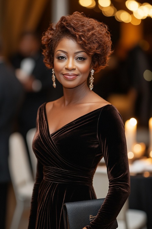 A mature woman in a classy long-sleeve velvet dress with a wrap waist, styled with a chic clutch and soft curls