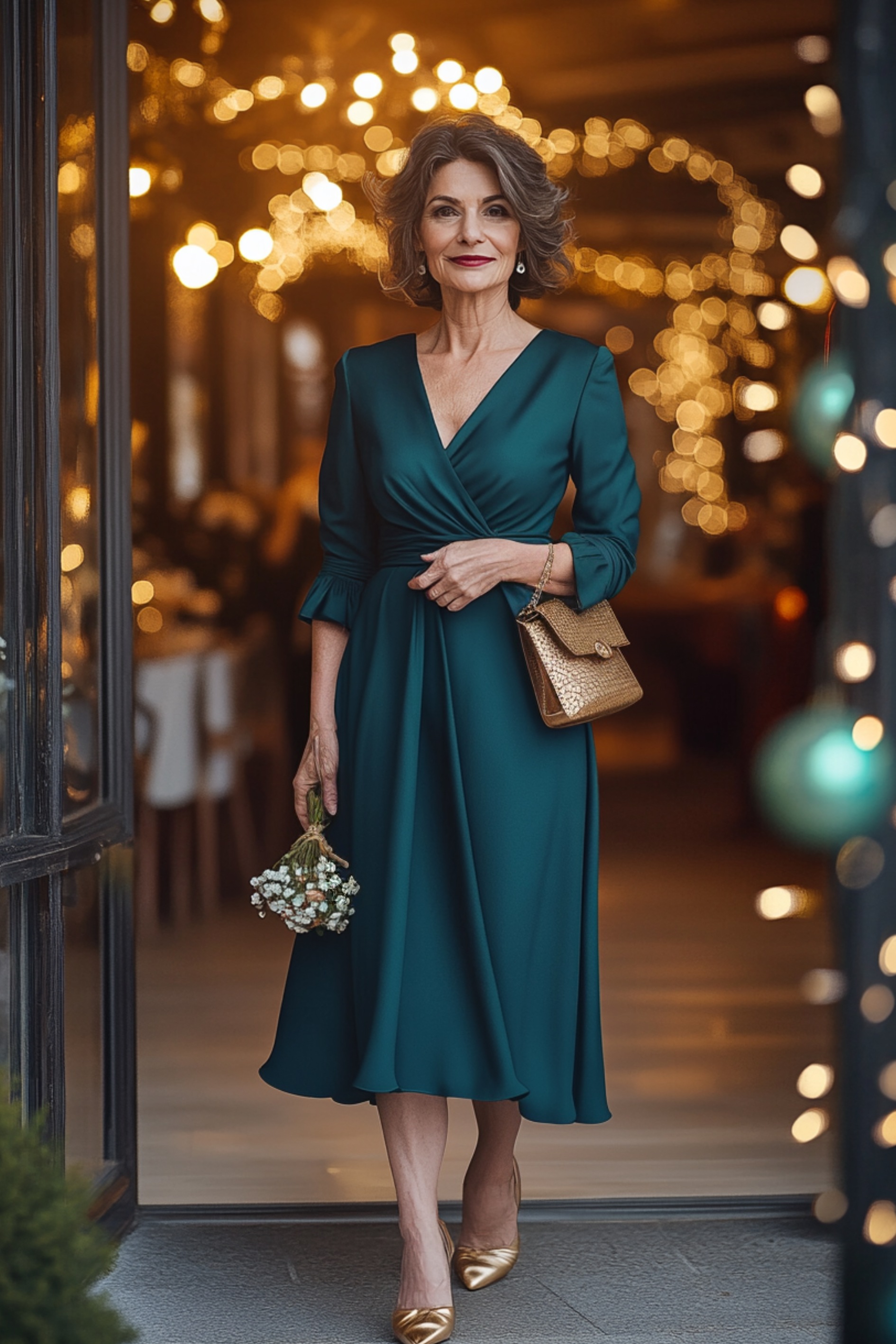 A mature woman in a dark teal wrap dress with three-quarter sleeves and a belted waist, accessorized with elegant gold heels and a matching handbag