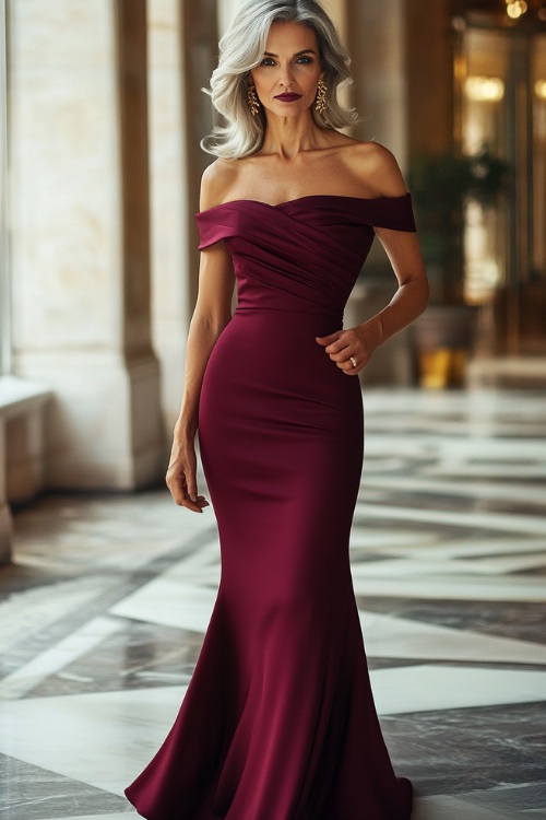 A mature woman in a deep burgundy column gown with a sleek, minimalist design and an off-shoulder neckline