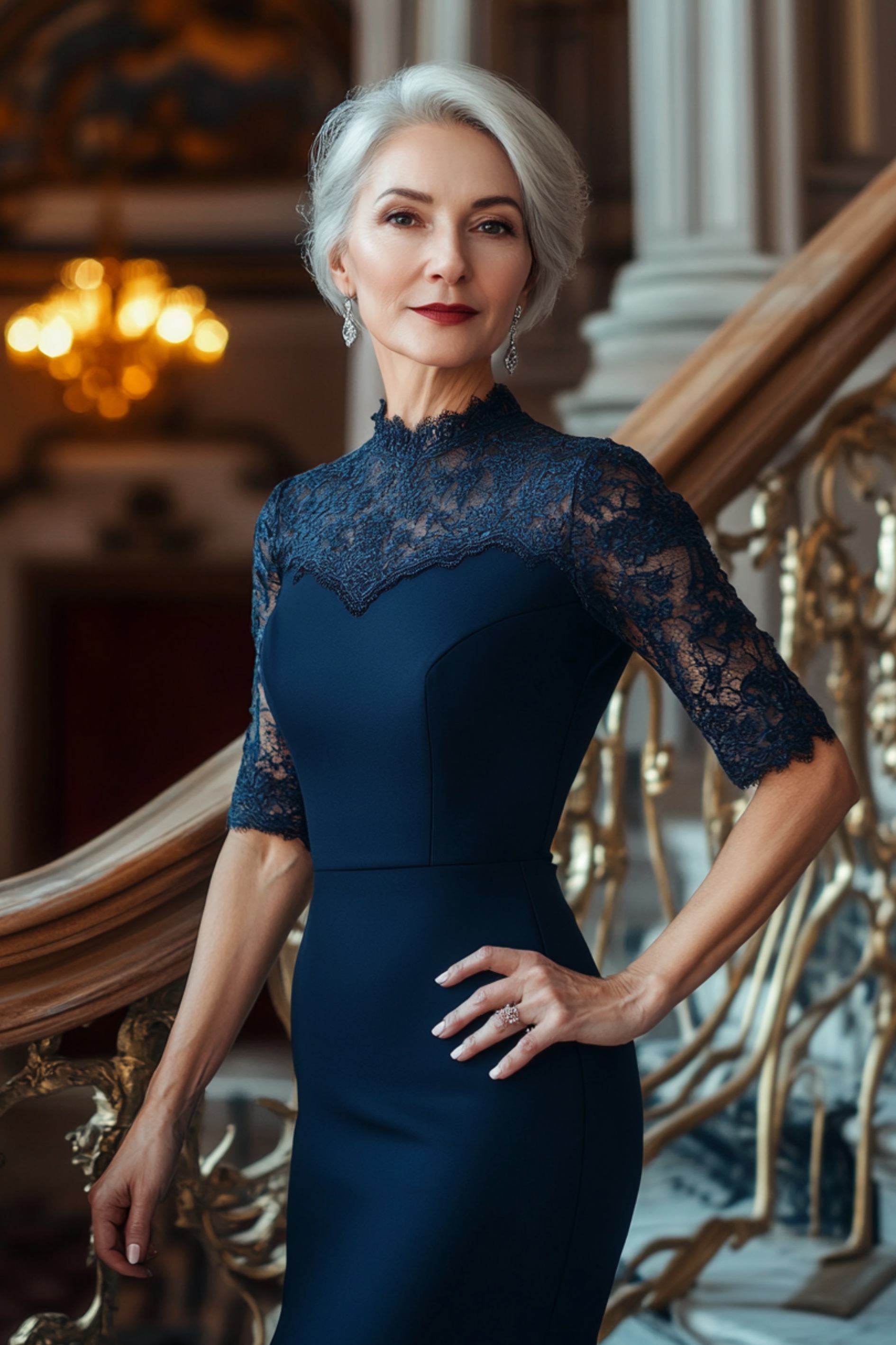 A mature woman in a fitted navy blue cocktail dress with a high neckline and sheer lace sleeves, accessorized with silver drop earrings and classic black heels