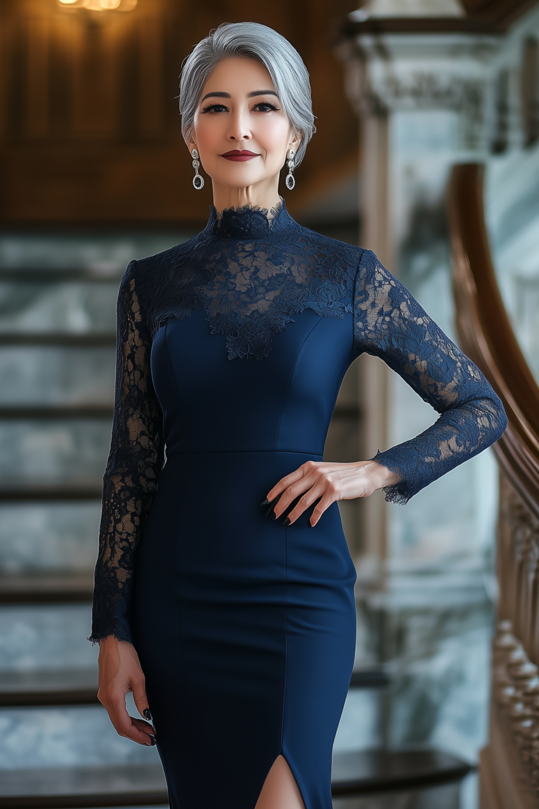 A mature woman in a fitted navy blue cocktail dress with a high neckline and sheer lace sleeves, accessorized with silver drop earrings and classic black heels