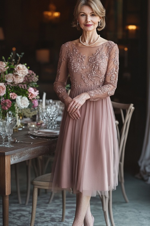 A mature woman in a knee-length dusty rose A-line cocktail dress with sheer long sleeves and intricate floral embroidery