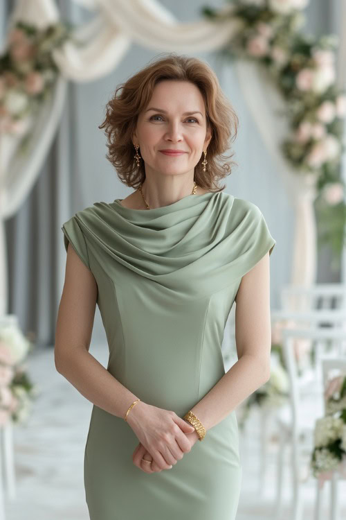 A mature woman in a sage green midi dress with an elegant cowl neckline and cap sleeves, accessorized with soft curls and gold accessories