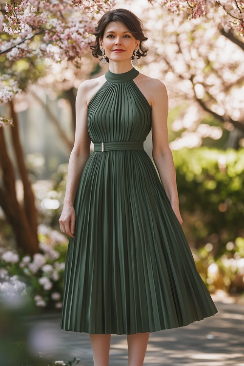 A mature woman in a sage green pleated midi dress with a halter neckline and fitted waist, styled with pearl earrings and beige heels