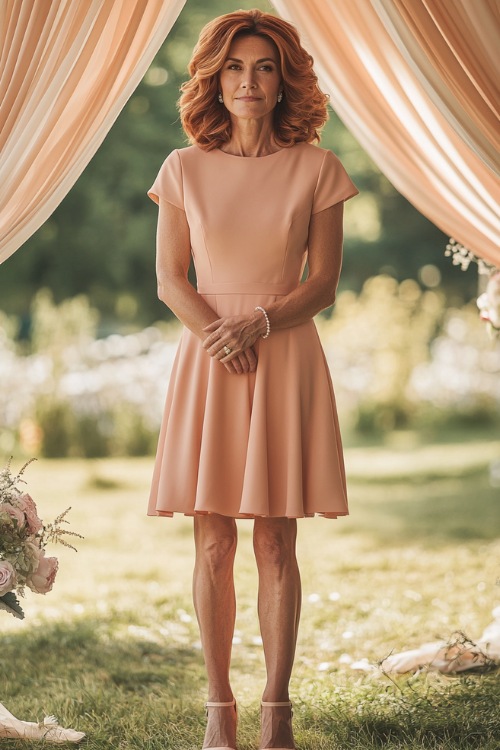 A mature woman in a soft peach knee-length A-line dress with short sleeves and a cinched waist, accessorized with a pearl bracelet and strappy heels