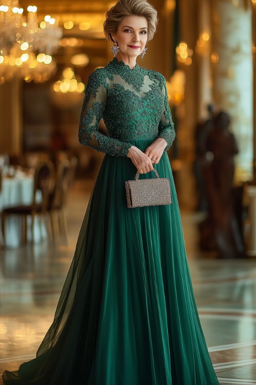 A mature woman in an emerald green A-line evening gown with long sheer sleeves and intricate beading details, styled with a matching clutch and elegant updo