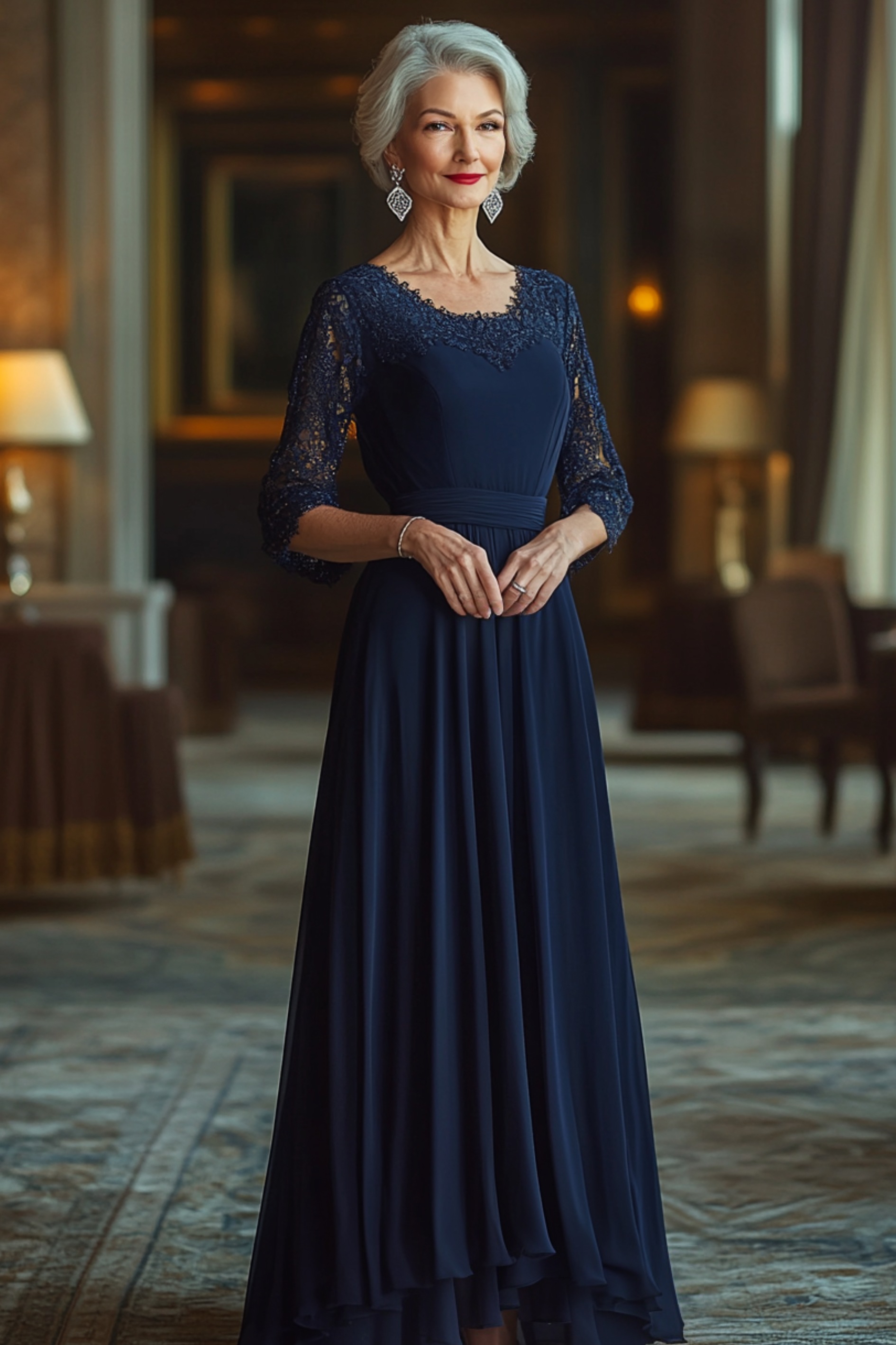 A mature woman over 40 in a deep navy blue floor-length gown with elegant lace sleeves and a cinched waist, accessorized with silver earrings and metallic heels