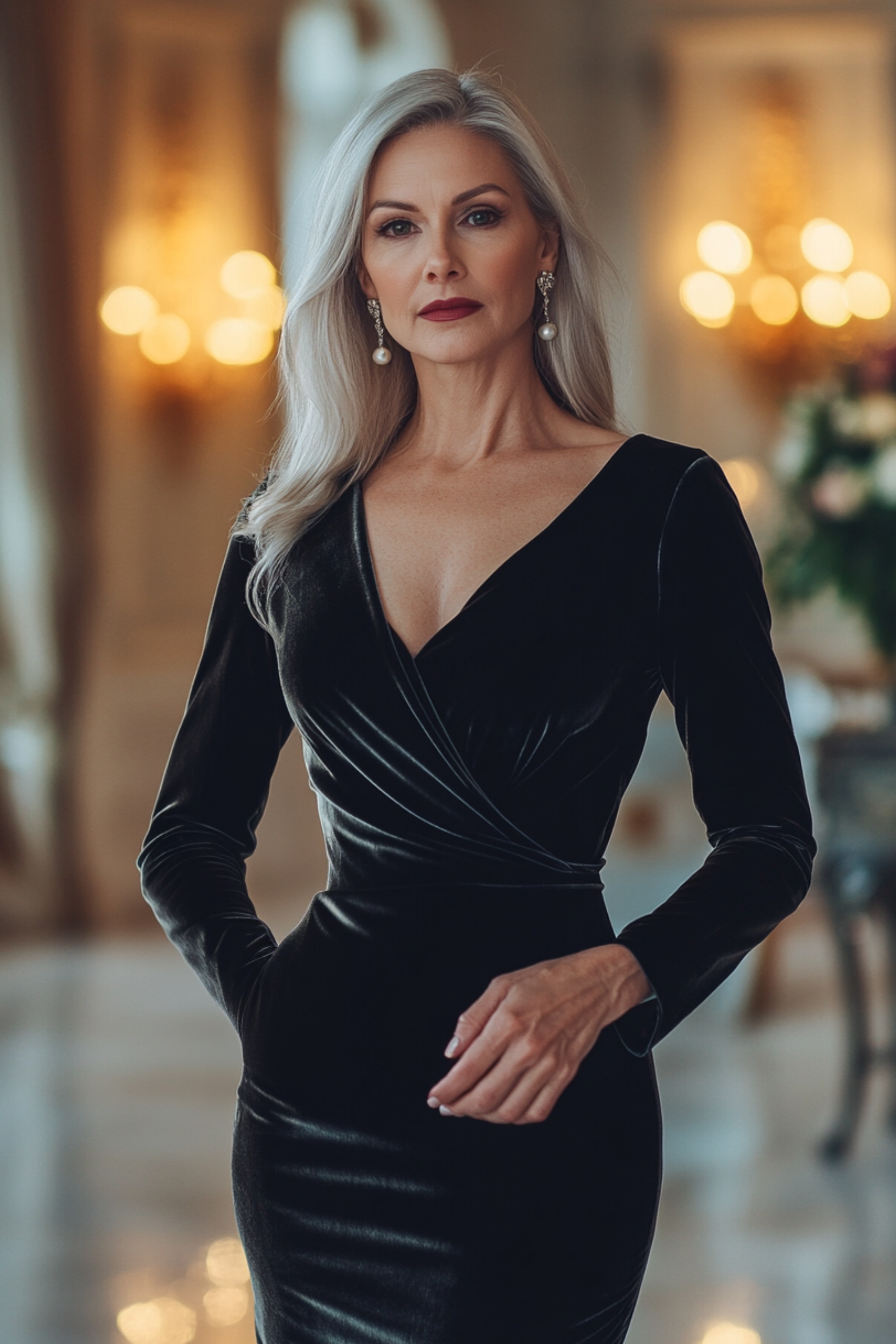 A mature woman over 40 in a luxurious velvet midi dress with a wrap design and long sleeves, paired with classic pumps and pearl earrings