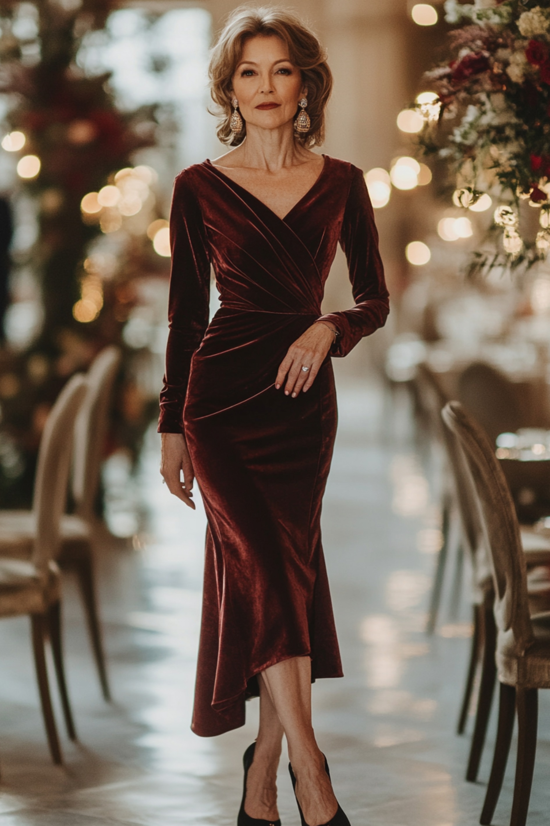 A mature woman over 40 in a luxurious velvet midi dress with a wrap design and long sleeves, paired with classic pumps and pearl earrings