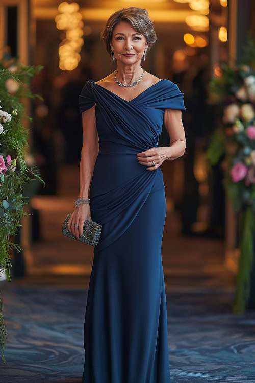 A mature woman over 40 in a midnight blue fitted evening dress with a draped neckline and cap sleeves, accessorized with diamond studs