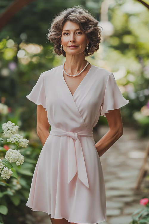 A mature woman over 40 in a soft pastel pink midi wrap dress with flutter sleeves and a belted waist, accessorized with heels and a pearl necklace