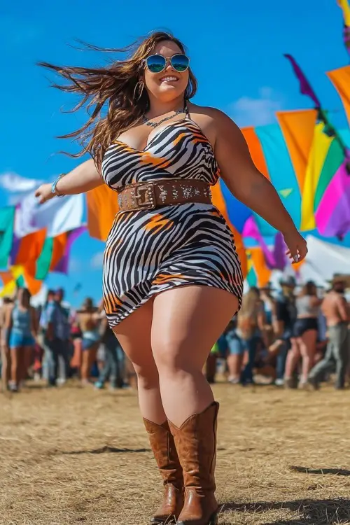 A plus-size festival-goer in a bold zebra print mini dress with a structured belt, styled with cowboy boots and mirrored sunglasses