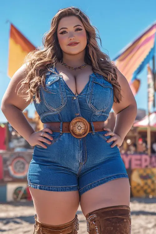 A plus-size festival-goer in a western-inspired denim romper, accessorized with brown cowboy boots and a chunky belt