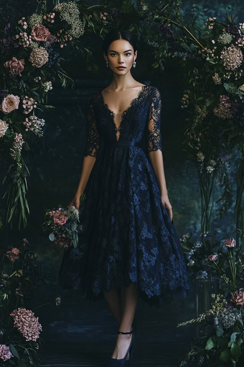 A refined woman in a deep navy A-line dress with intricate lace details and a modest V-neckline, accessorized with silver jewelry and classic pointed-toe heels