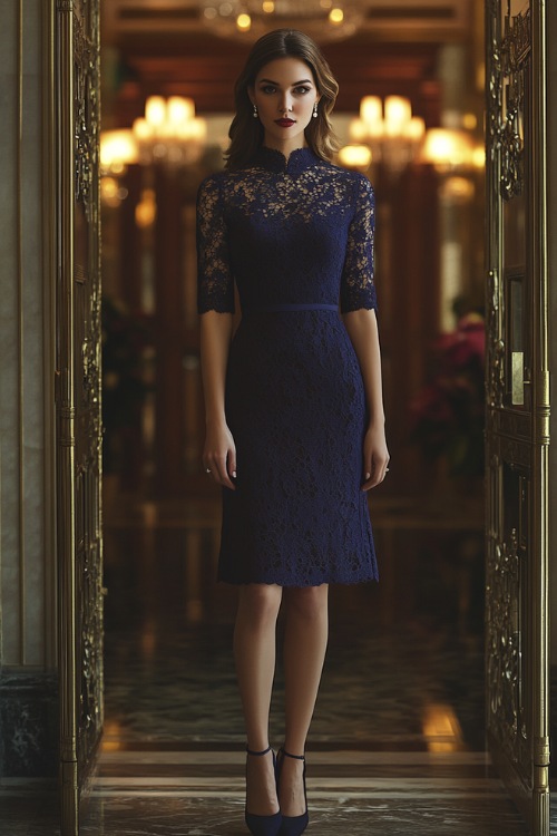 A refined woman in a knee-length navy blue sheath cocktail dress with three-quarter lace sleeves and a high neckline