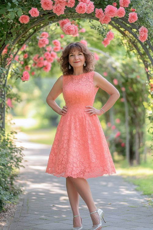 A refined woman over 40 in a coral A-line midi dress with lace detailing and a fitted waist, accessorized with silver strappy heels and soft curls