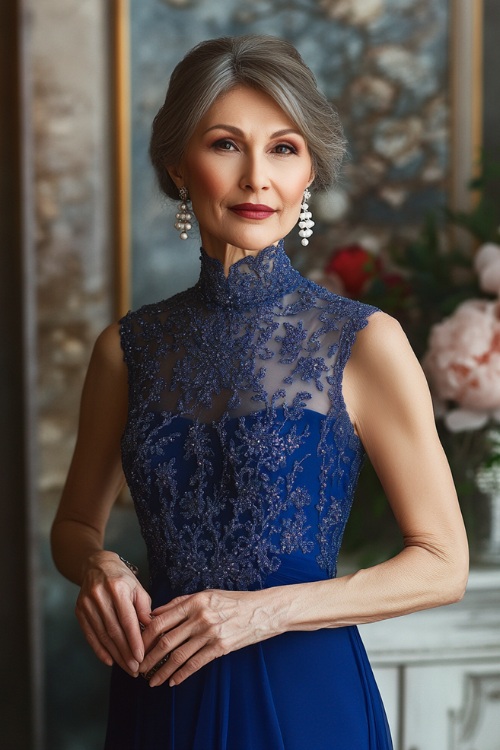 A refined woman over 40 in a royal blue mermaid gown with a high neckline and delicate embroidery