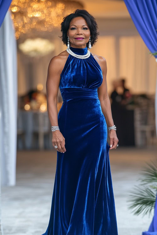 A refined woman over 40 in a royal blue velvet gown with a high neckline and delicate pearl accents, wearing heels and a silver bracelet