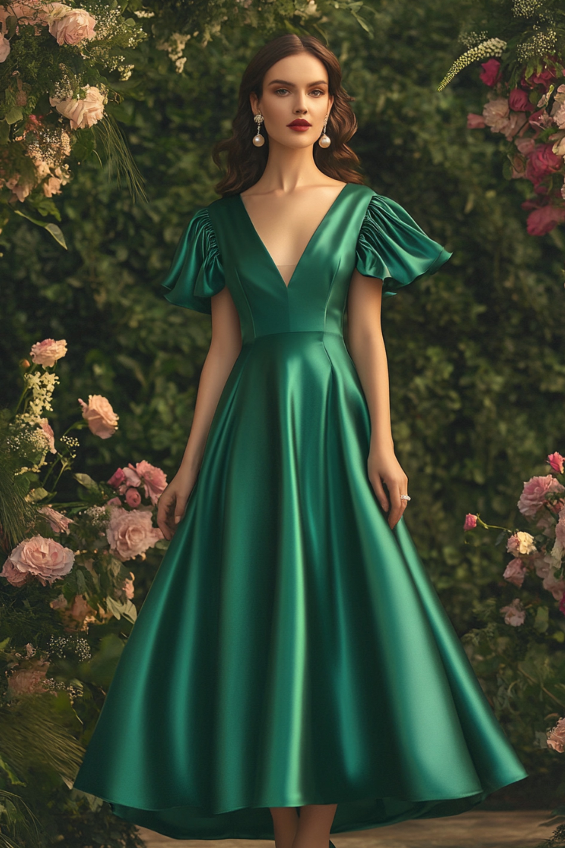 A refined woman over 40 in an emerald green satin midi dress with a V-neckline and flutter sleeves, wearing pearl earrings and heels