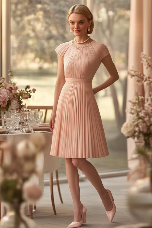 A refined woman over 40 wearing a soft pink midi dress with a pleated skirt and cap sleeves, accessorized with a pearl necklace and heel