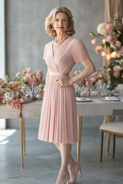 A refined woman over 40 wearing a soft pink midi dress with a pleated skirt and cap sleeves, accessorized with a pearl necklace and heels