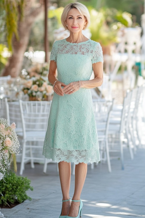 A sophisticated mature woman in a mint green knee-length A-line dress with lace overlay and cap sleeves, paired with elegant pumps