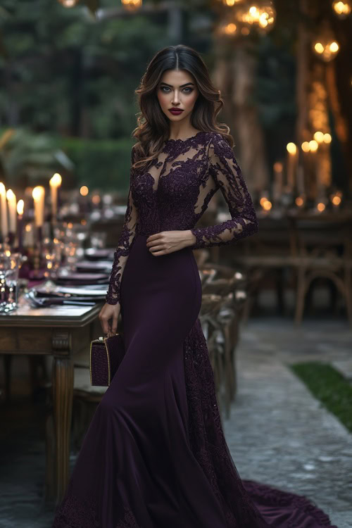 A sophisticated woman in a dark plum fitted evening dress with long lace sleeves and intricate embroidery, accessorized with strappy heels and an elegant clutch